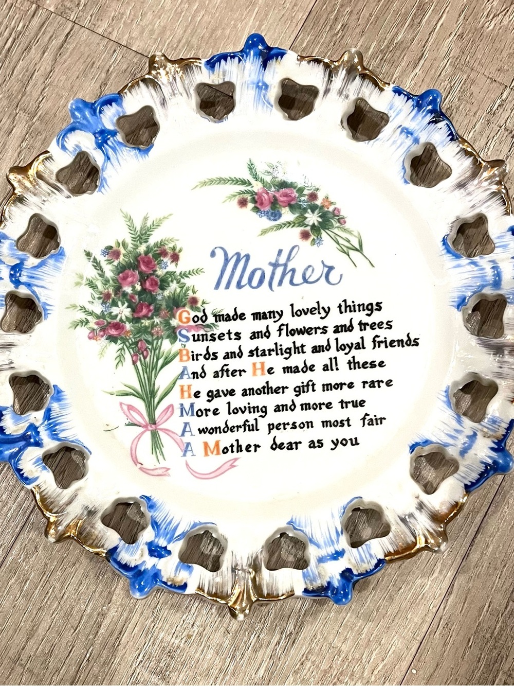 Vintage Decorative 'Mother' Floral Porcelain Plate - White and Blue